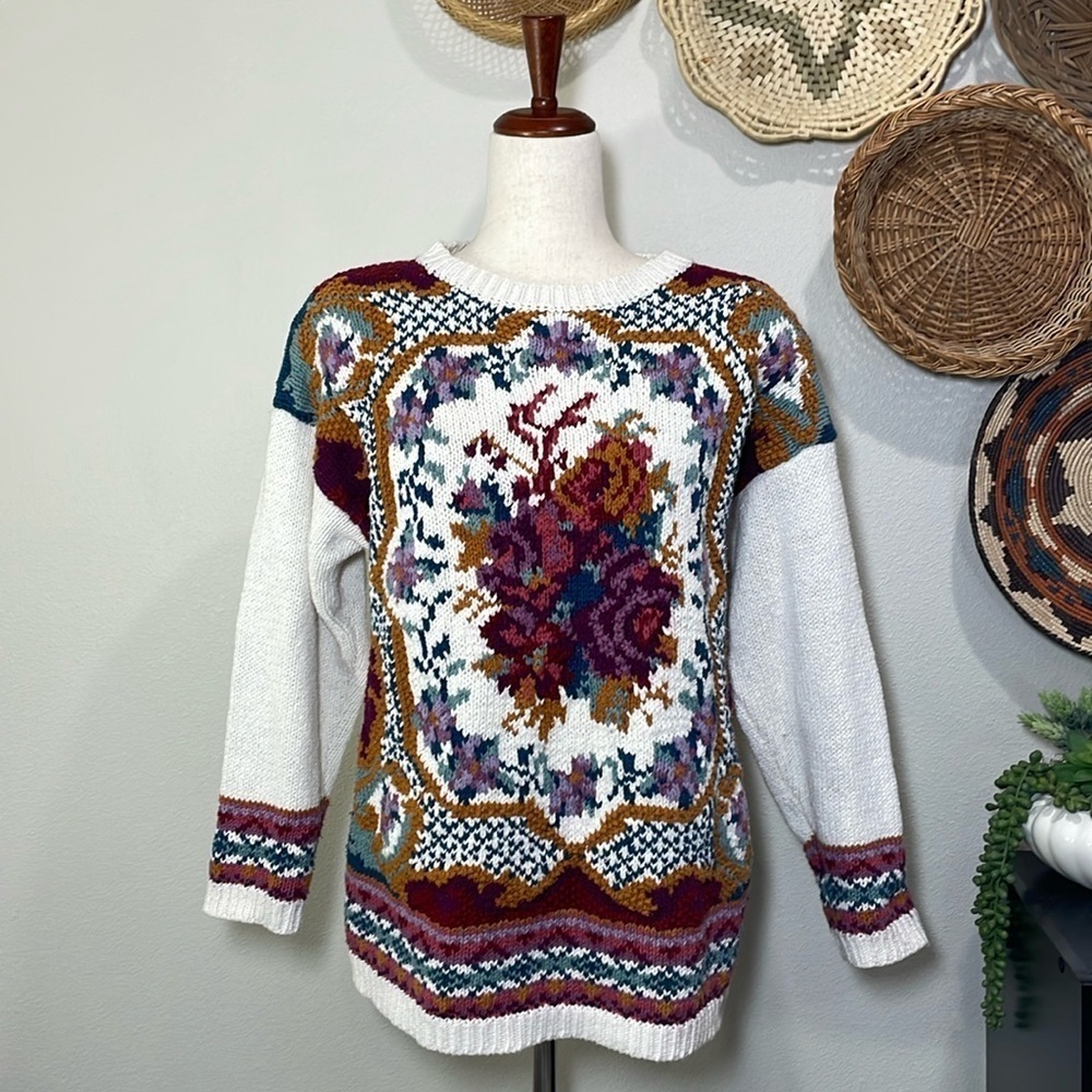 Chunky Granny Sweater Vintage Knitted Floral Cottagecore Size Large Burgundy